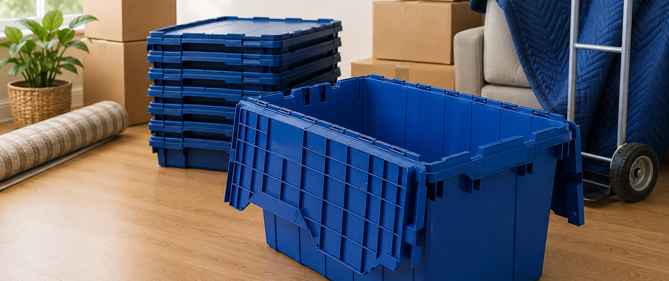 Stacked reusable plastic moving bins in a living room